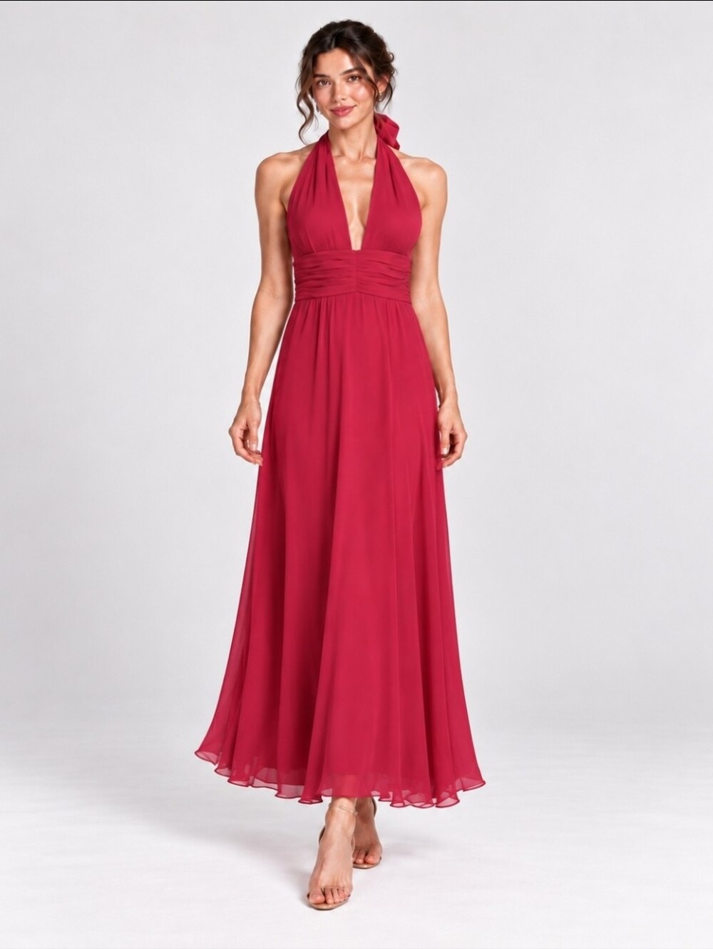 Dina Bar-El 100% Silk Halter Ruched Cocktail Dress Cranberry Sz 10
